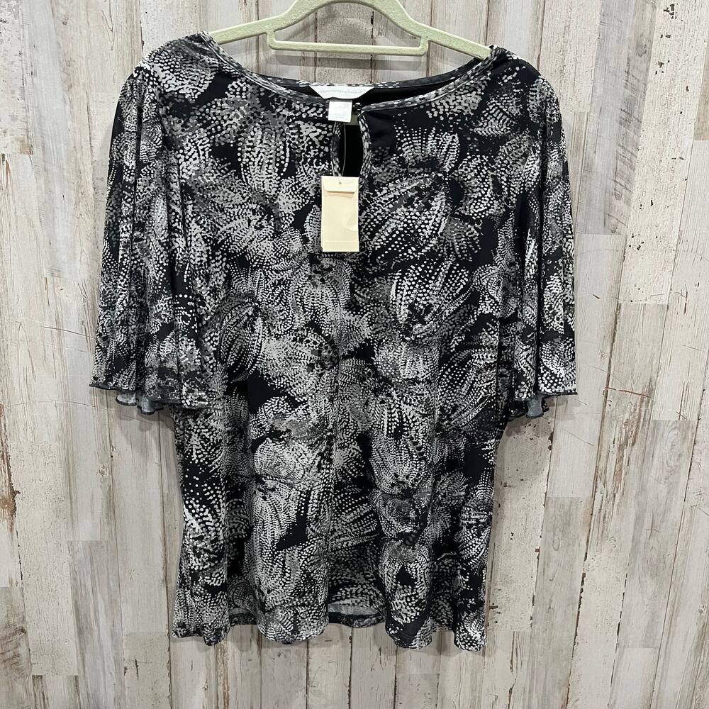 New! Christopher & Banks Black Flutter Sleeve Abstract Floral Blouse Top Medium